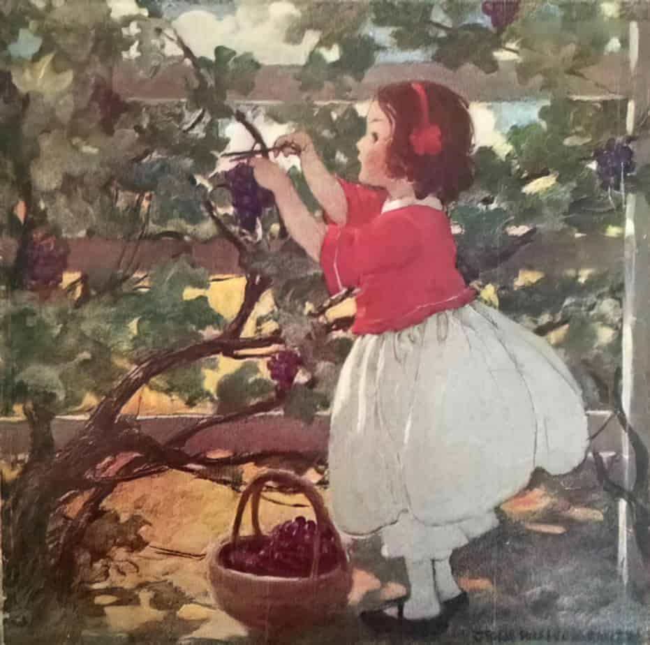 yCover art for October 1927 GOOD HOUSEKEEPING Magazine b Jessie Willcox Smith - a young girl picking grapes