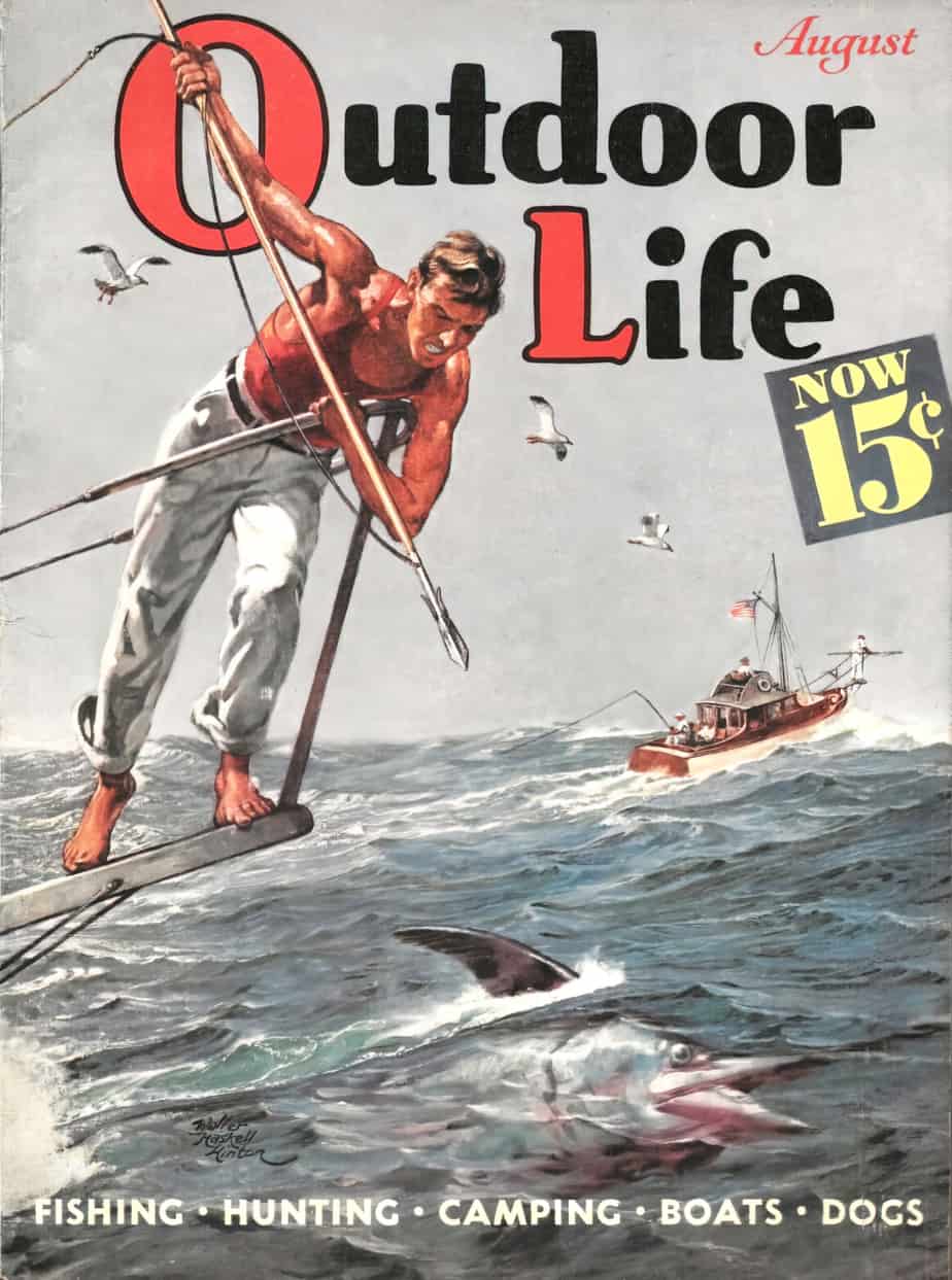 Outdoor Life magazine August 1938 W H Hinton cover spear fishing marlin