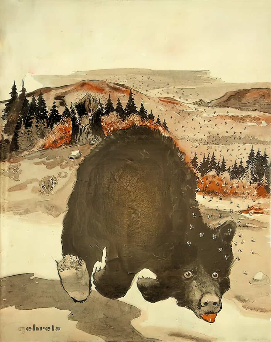 Outdoors Magazine August 1935 bear being chased by bees cover art
