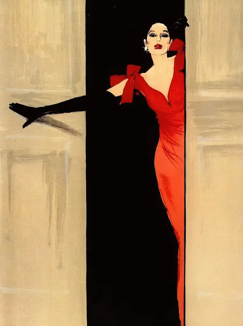 René Gruau (1909-2004), Lady in Doorway Wearing Red Dress 1947