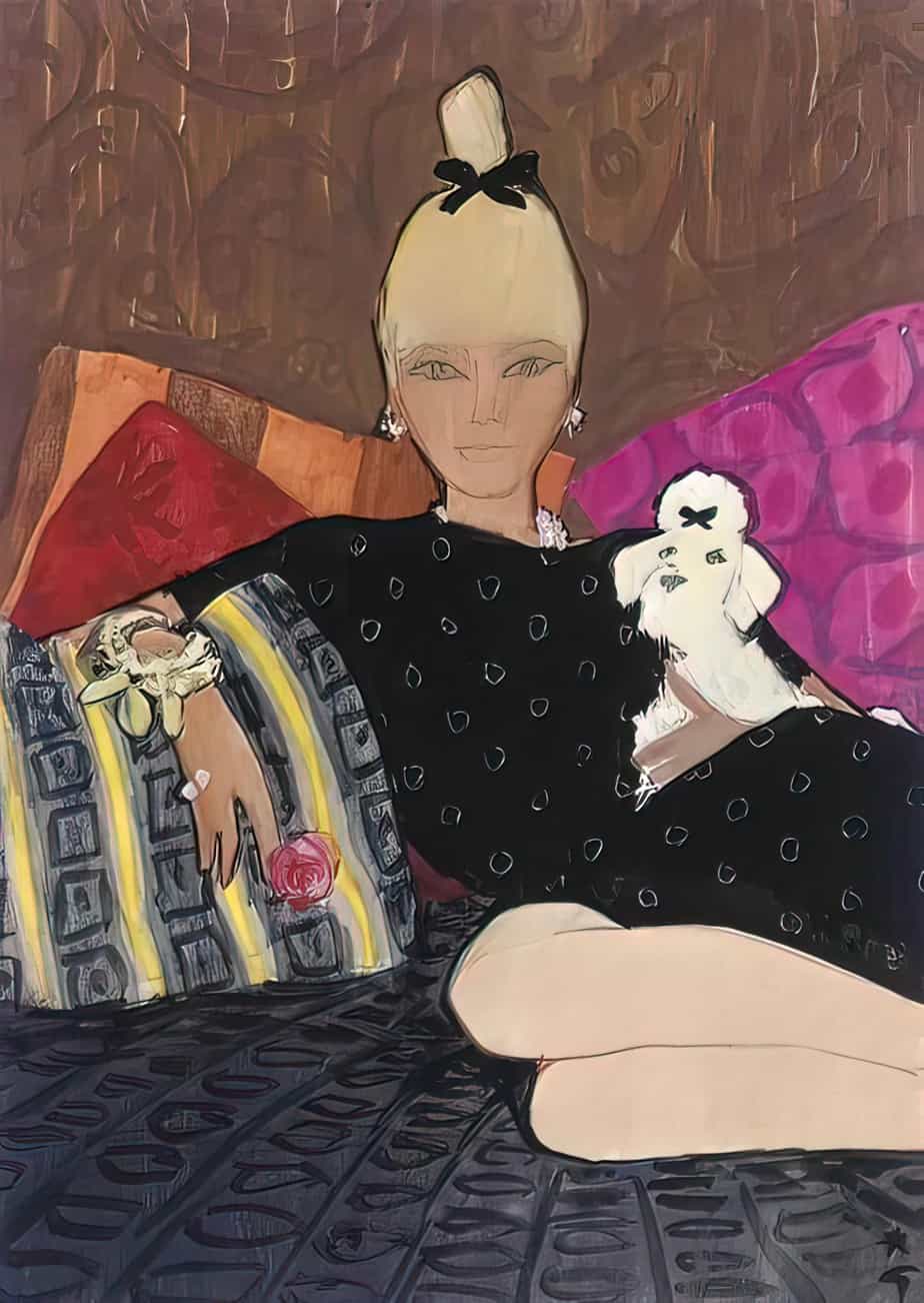 René Gruau, Italian fashion illustrator (1909-2004) 'Repose' 1964 woman with poodle. Gouache, felt pen and ink on paper