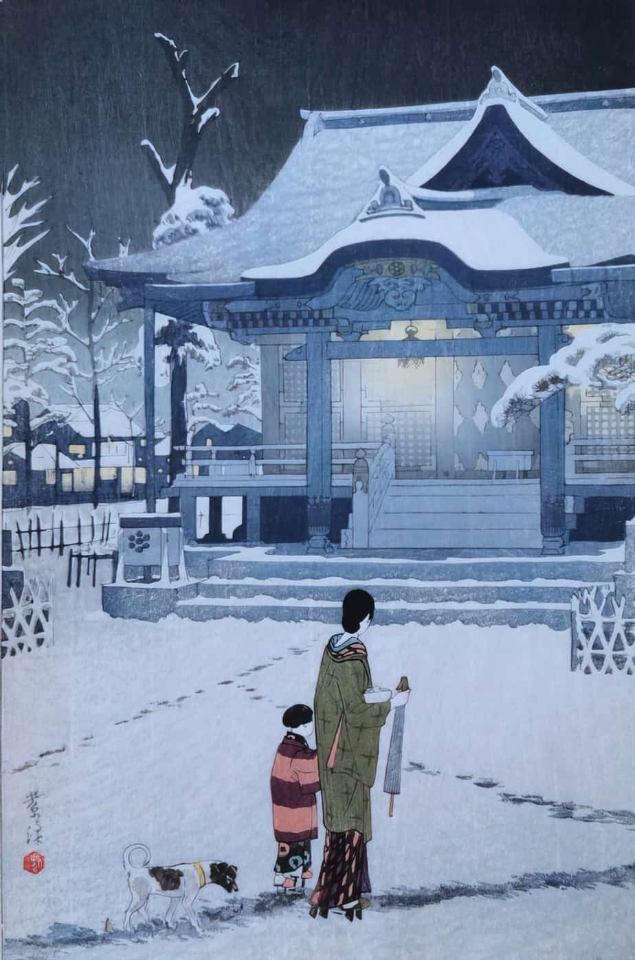 Spring Snow at Torigoe Shrine, Asakusa by Kasamatsu Shiro. Japanese woodblock print, 1934
