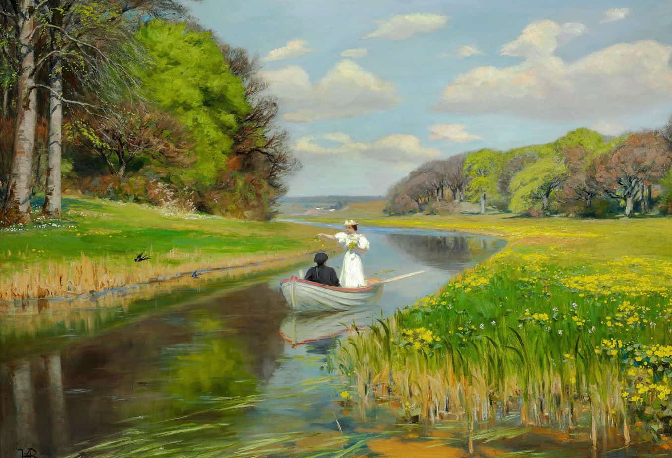 Spring. A Young Couple in a Rowing Boat on Odense Å (1896) by Hans Andersen Brendekilde (Danish, 1857–1942)