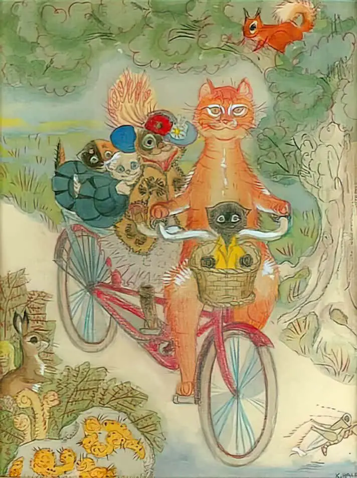 Kathleen Hale illustration of Marmalade the Orange Cat on a bicycle with other cats