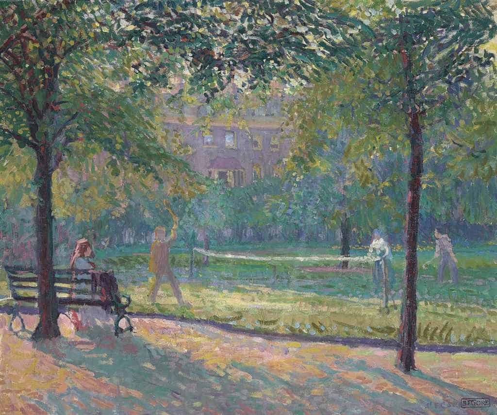 Tennis in Mornington Crescent Gardens (1909) by Spencer Gore (English, 1878-1914) The Carreras Cigarette Factory was built on this site in 1926.