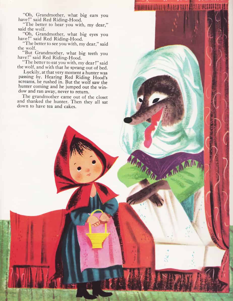 The Big Book of Nursery Tales retold by Evelyn Andreas illustrated by Leonard Weisgard (1954) red riding hood with her grandmother, actually the wolf