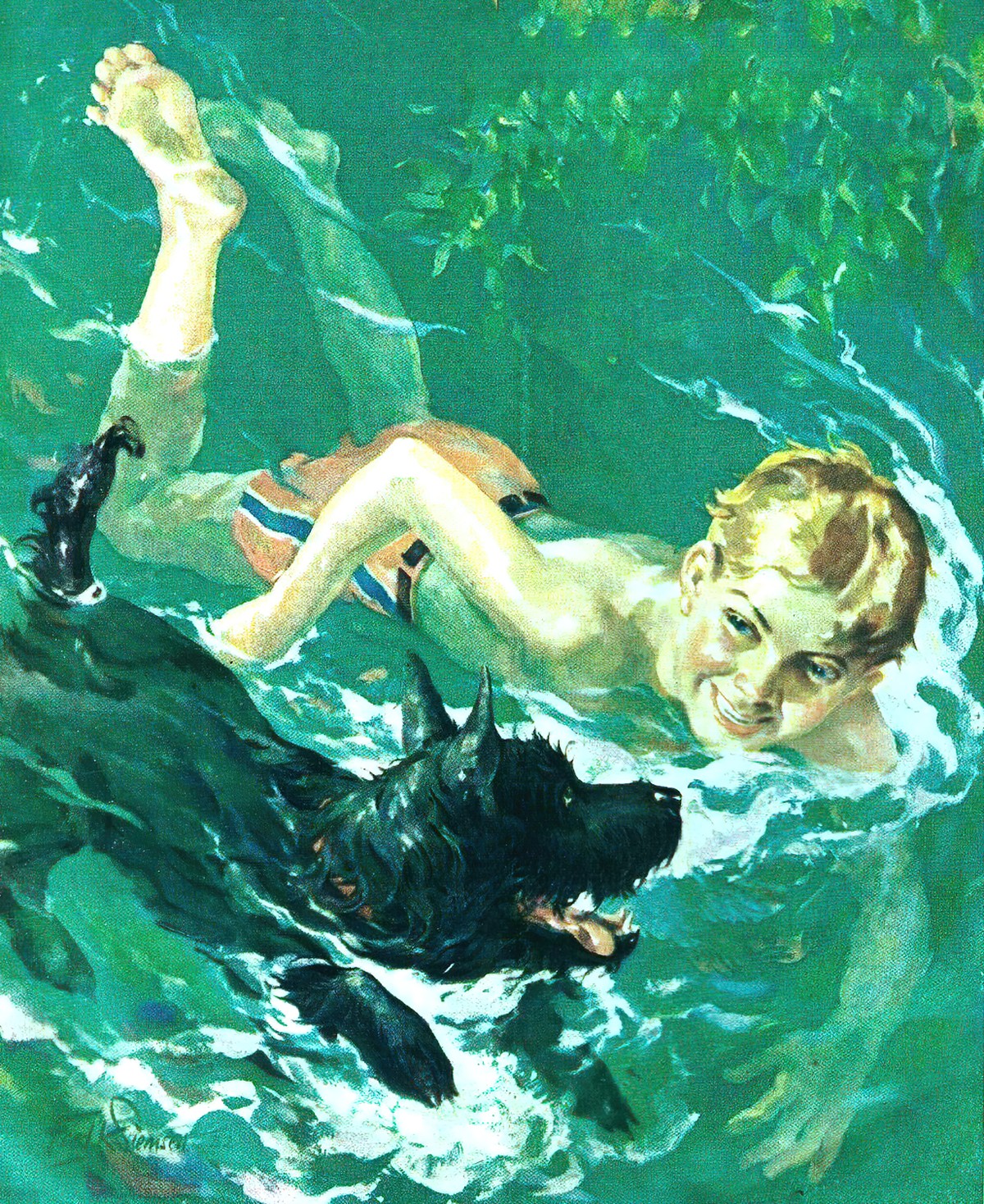 The Country Home Magazine August 1932 Olympics edition. A boy swimming with his Scottish Terrier