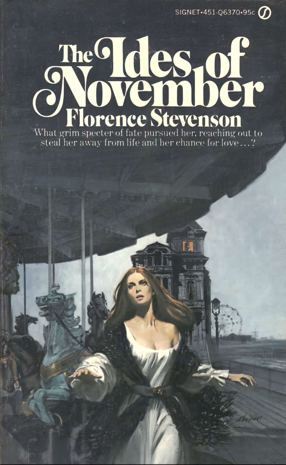 The cover of The Ides of November combines the young woman running away from a castle trope with the horror of a children's fairground.