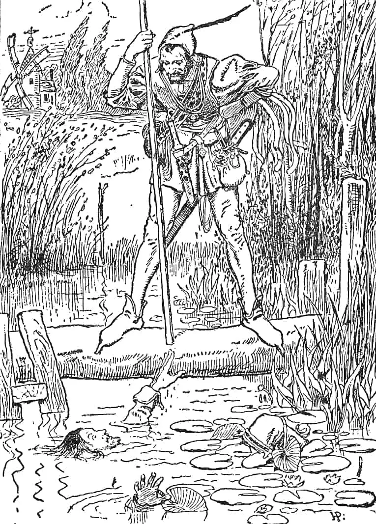 The Merry Adventures of Robin Hood Written and Illustrated by Howard Pyle, Grosset & Dunlap Publ. (1946) Robyn Hood Meeteth The Tall Stranger On The Bridge