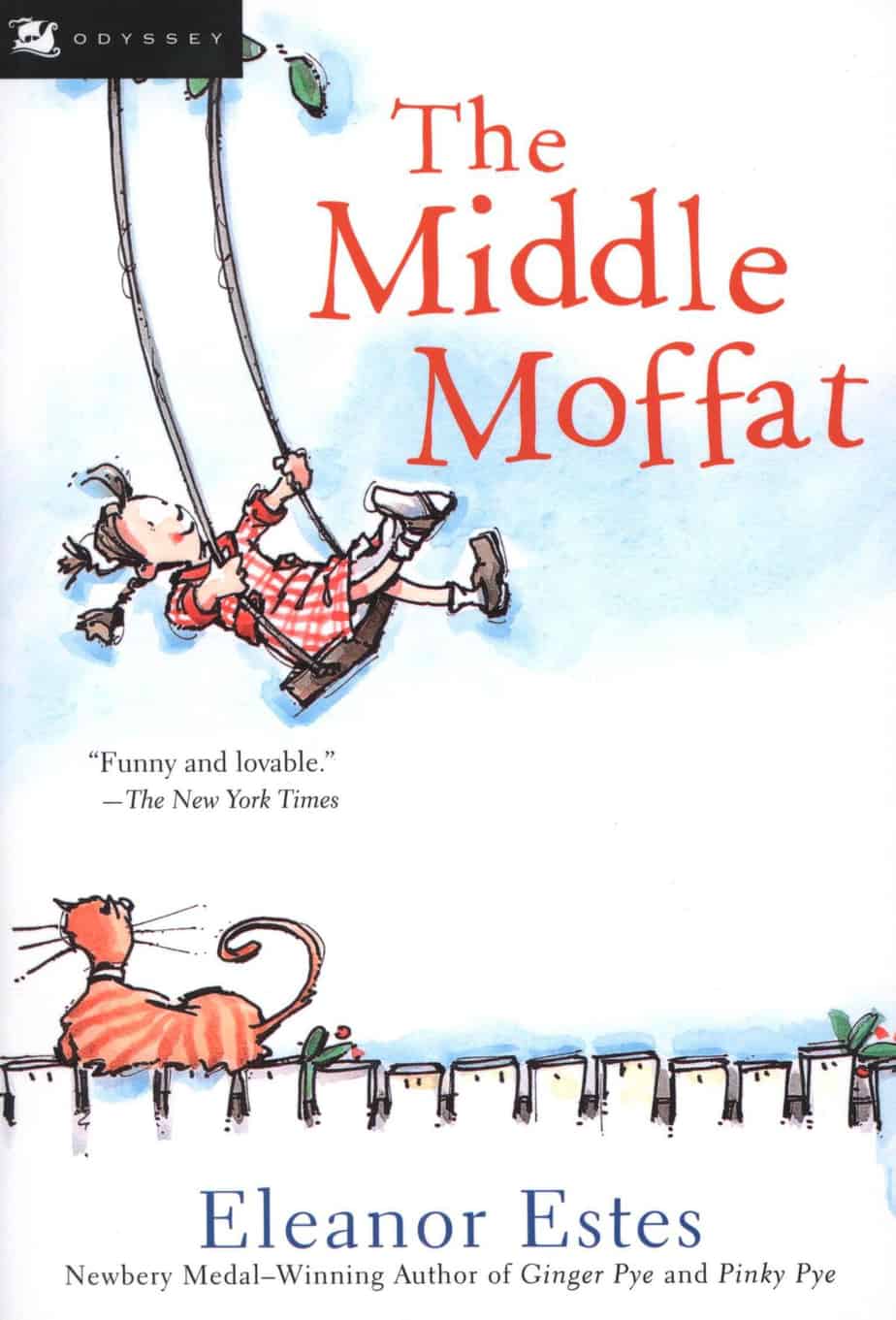 The Middle Moffat by Eleanor Estes. Cat on a fence watching a girl high above on a swing.
