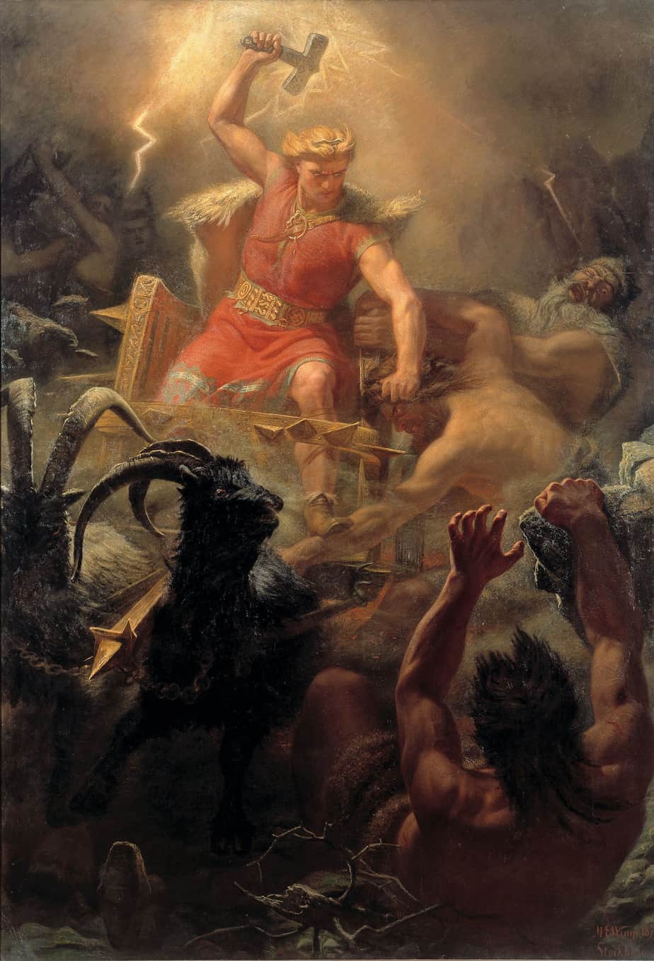 Thor's Fight with the Giants (1872) by Mårten Eskil (Swedish, 1825-1896). The thunder god rides his chariot pulled by goats