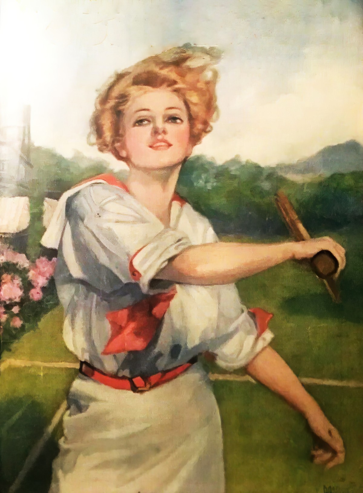 Woman's Home Companion August 1912 cover art. A young woman looks toward the camera and poses for a backhand. Behind her is a tennis court and country house.