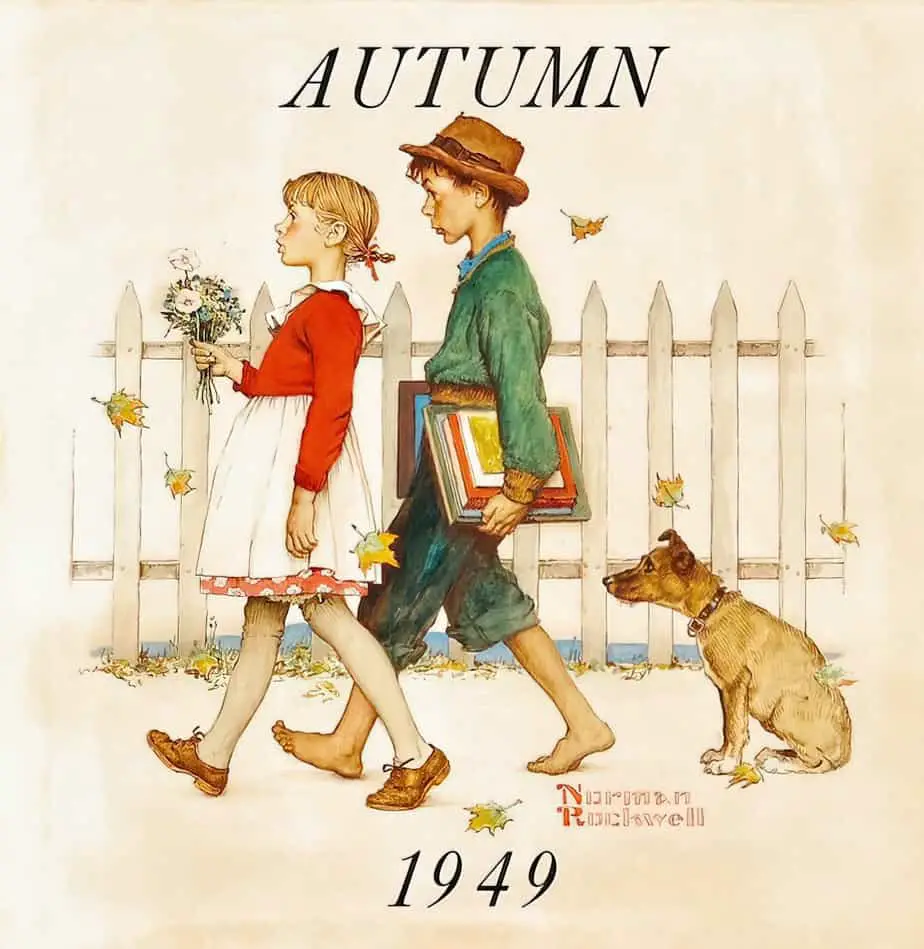 Young love walking to school,1949, Norman Rockwell 1978