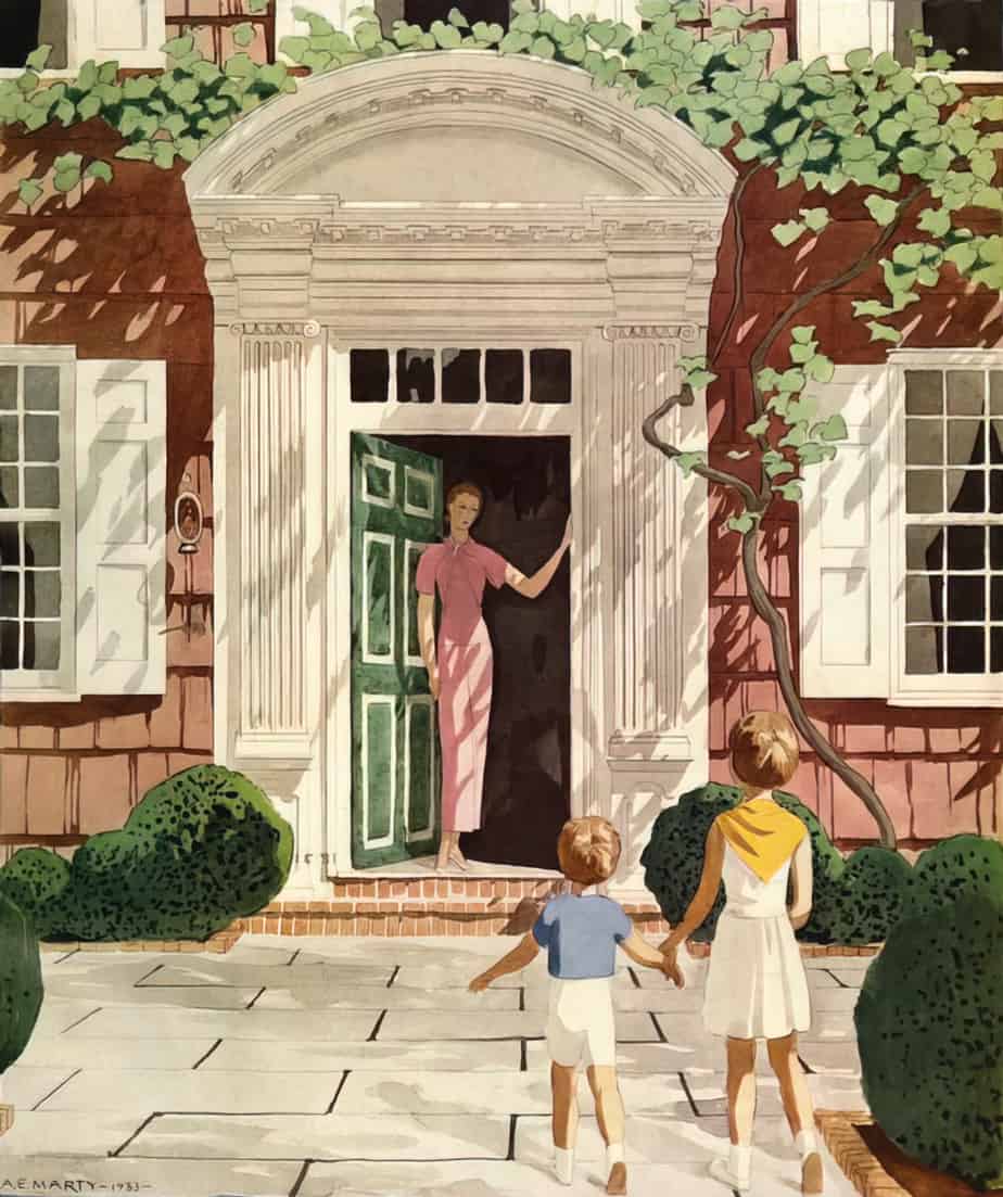 Two children approach a large house with an art deco mother in a pink dress waving at them. 