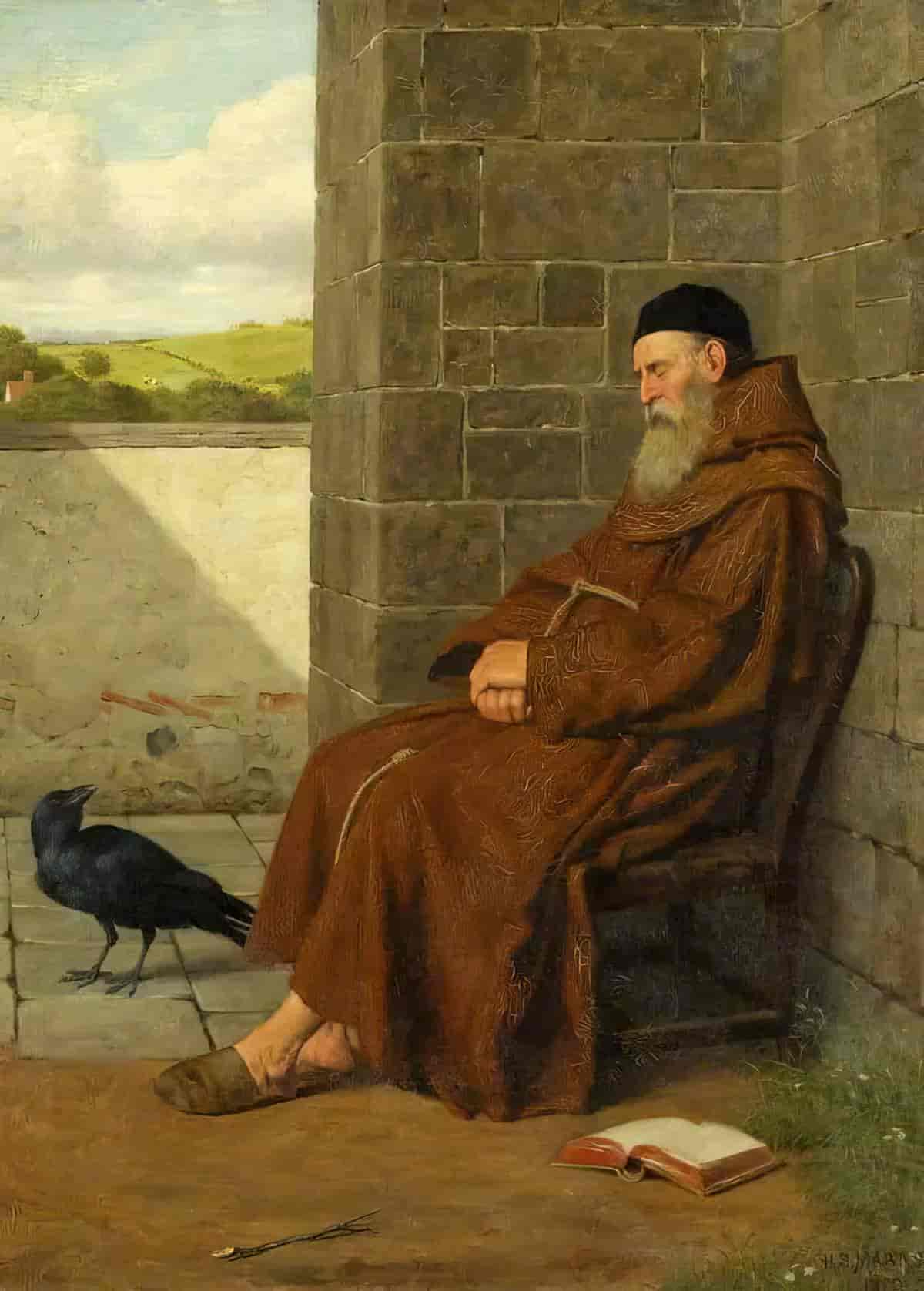man in brown monk's robe sitting in contemplation with an open book at his feet and a black raven looking up at him from the ground