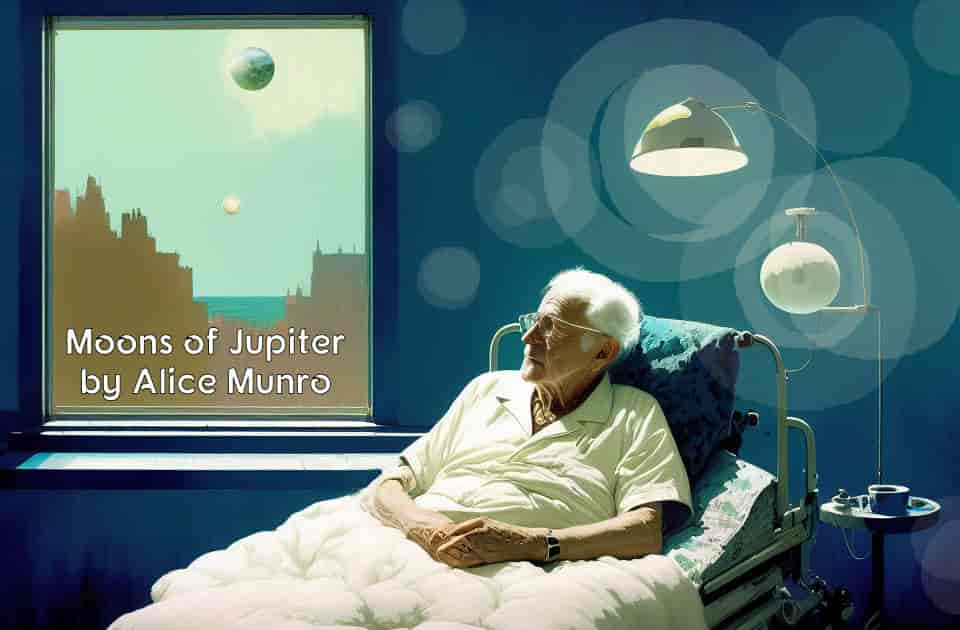 an elderly man looks out of a hospital window at Jupiter and its moons