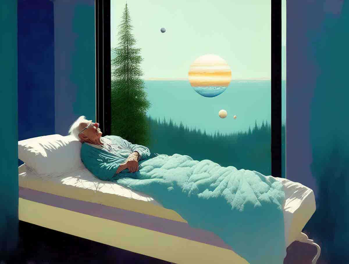 An elderly man in a hospital bed looks out a window at the moons of jupiter