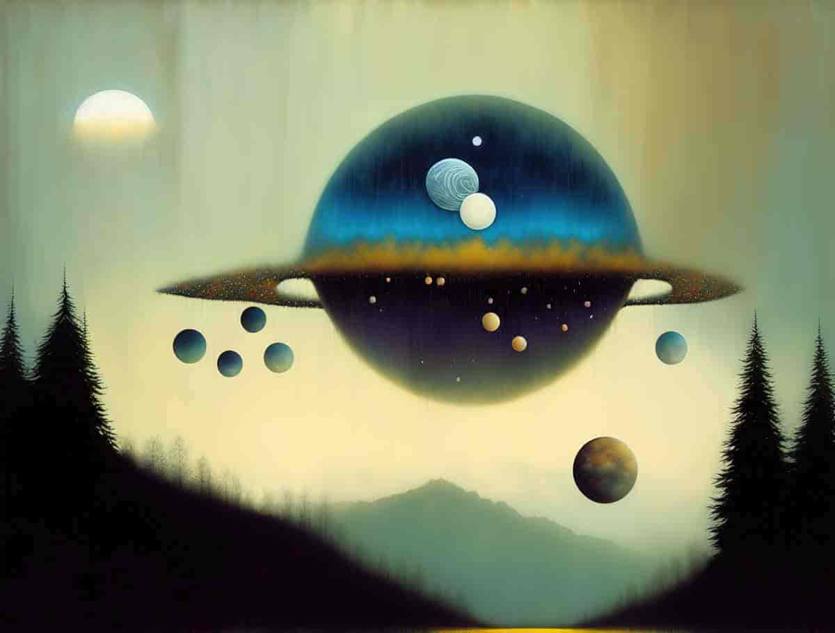 A stylised image of the moons of jupiter hovering above a forest and mountains at dusk