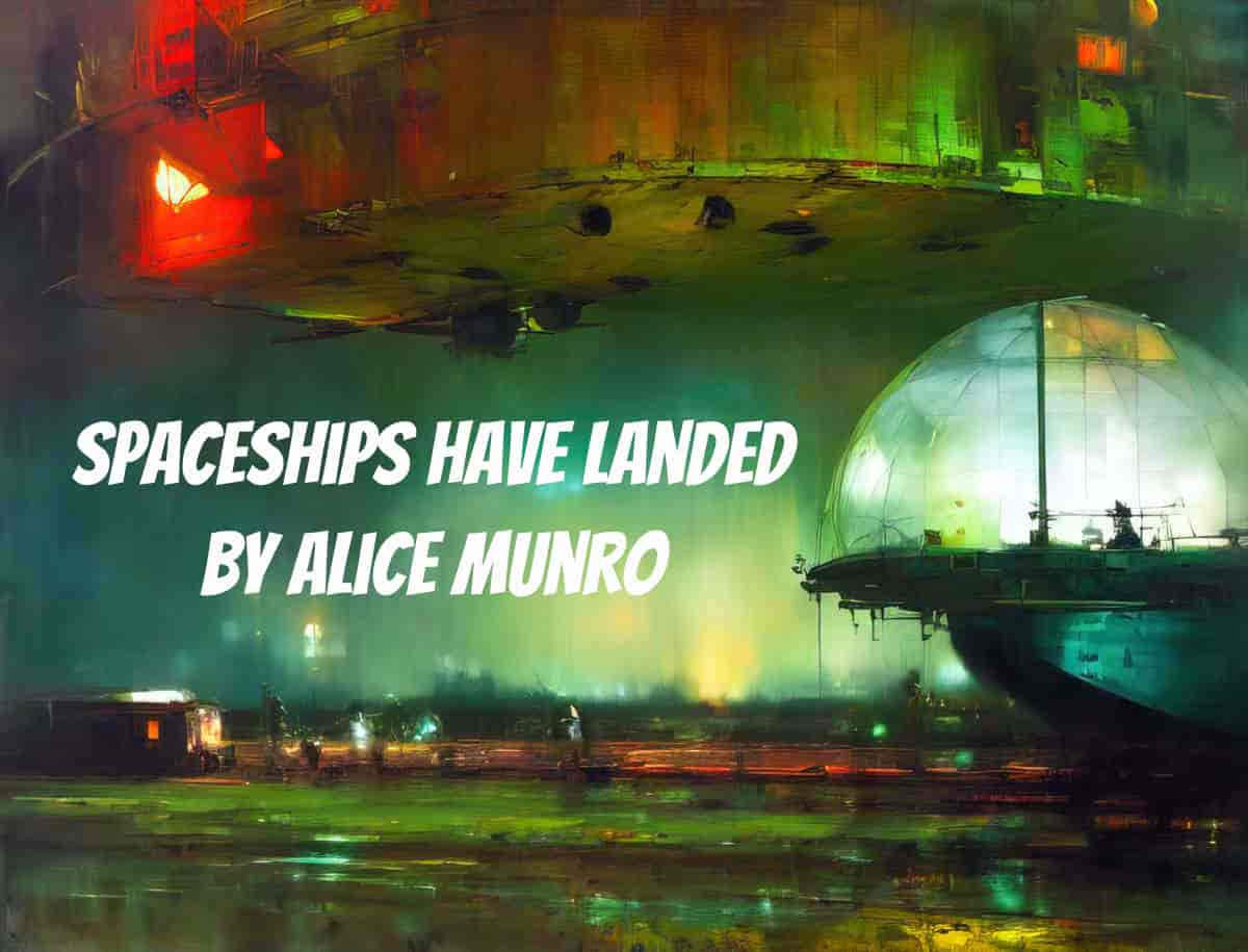 Spaceships Have Landed by Alice Munro green domed space ship in a field at night