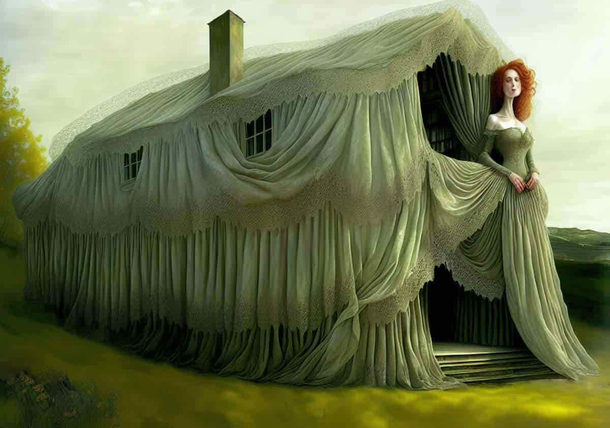 a house made of lacy curtains attached to a red-headed woman who is part of the house itself