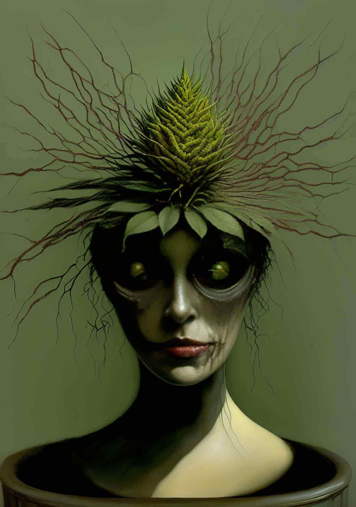 a woman's head and shoulders poking out of a pot and a plant growing out of her head