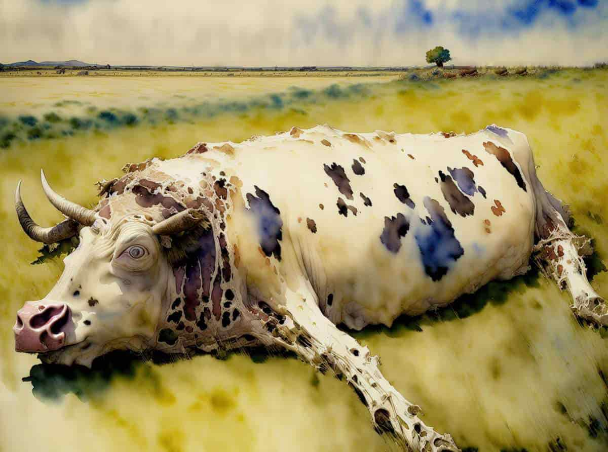 a dead cow carcass in a field. the cow is looking at the viewer.