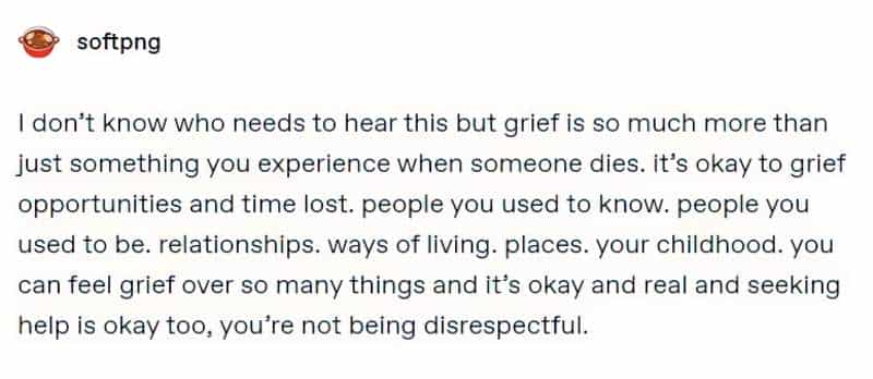 I don’t know who needs to hear this but grief is so much more than just something you experience when someone dies. it’s okay to grief opportunities and time lost. people you used to know. people you used to be. relationships. ways of living. places. your childhood. you can feel grief over so many things and it’s okay and real and seeking help is okay too, you’re not being disrespectful.