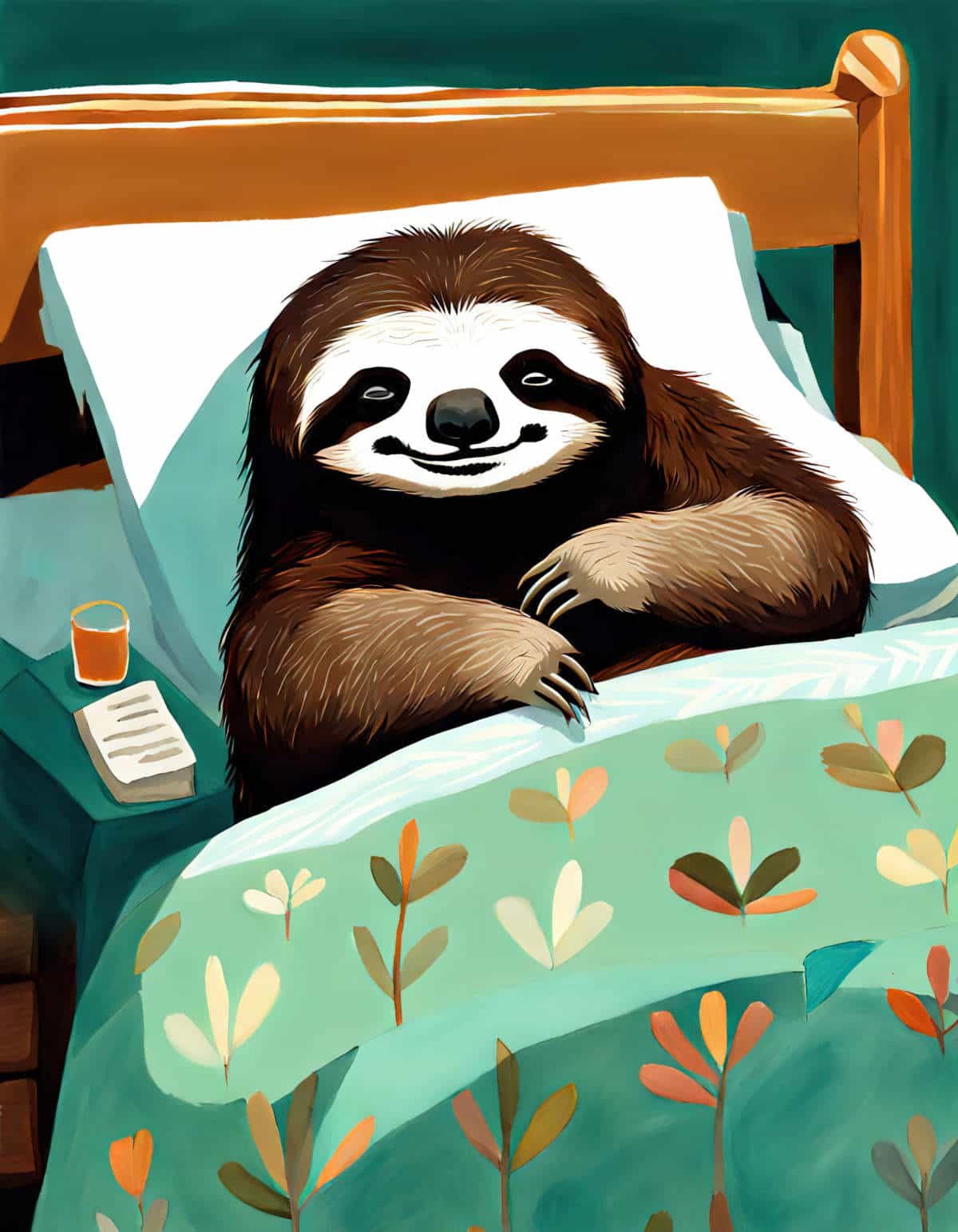 a sloth in a human bed smiling